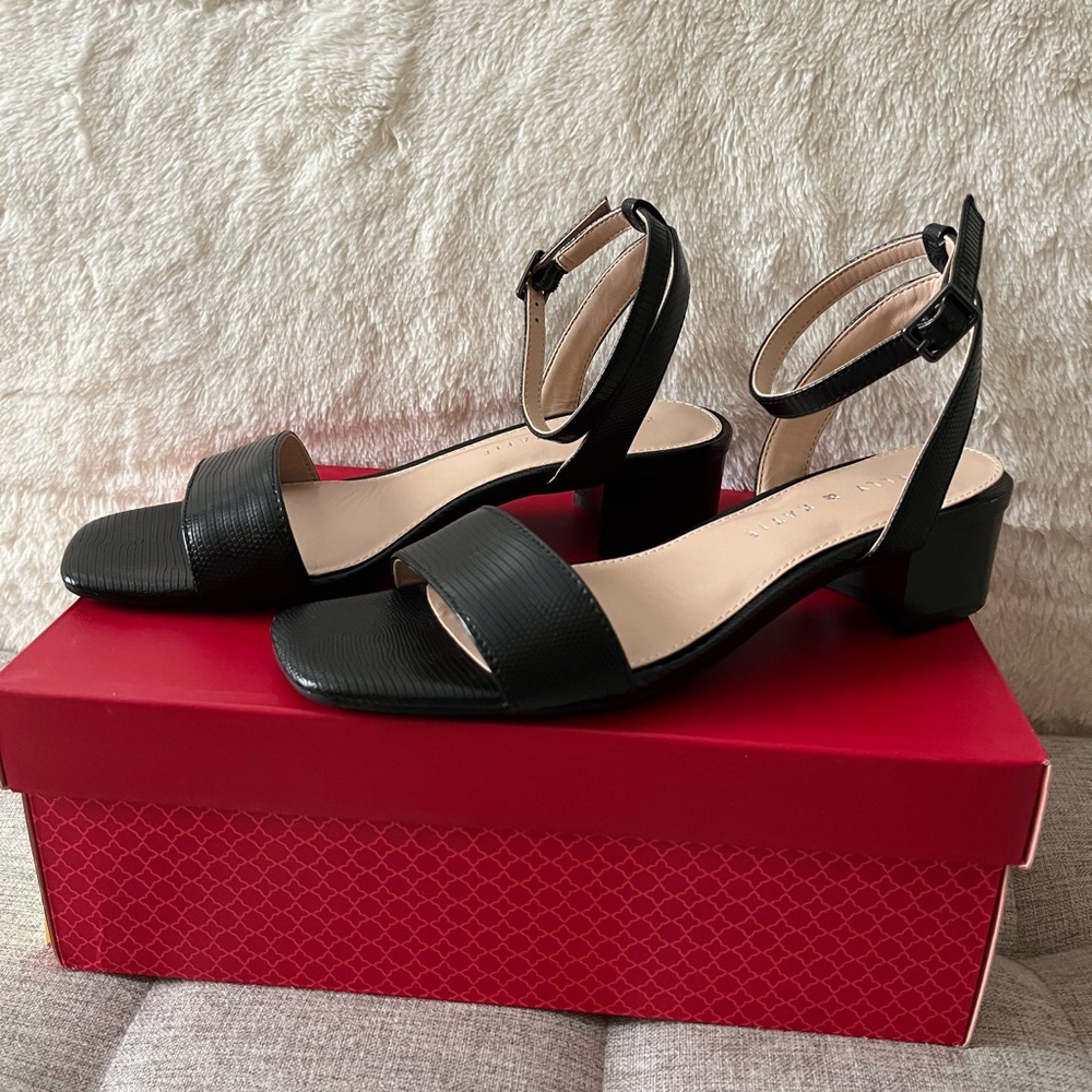 Kelly & Katie Black Low Wedge Sandals with Ankle Strap